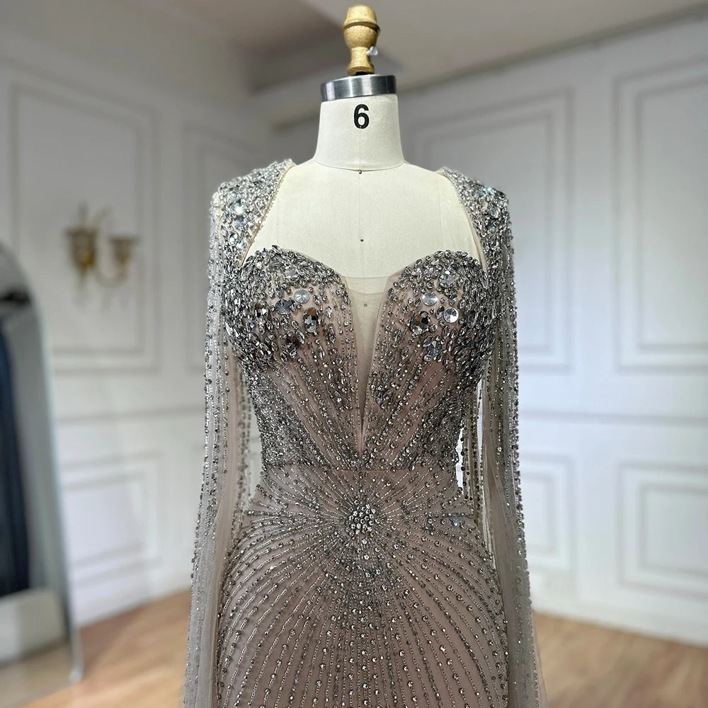 Serene Hill Customized Arabic Silver Nude Cape Sleeves Beaded Evening Dresses Gowns For Women Wedding Party 2025 LA72575