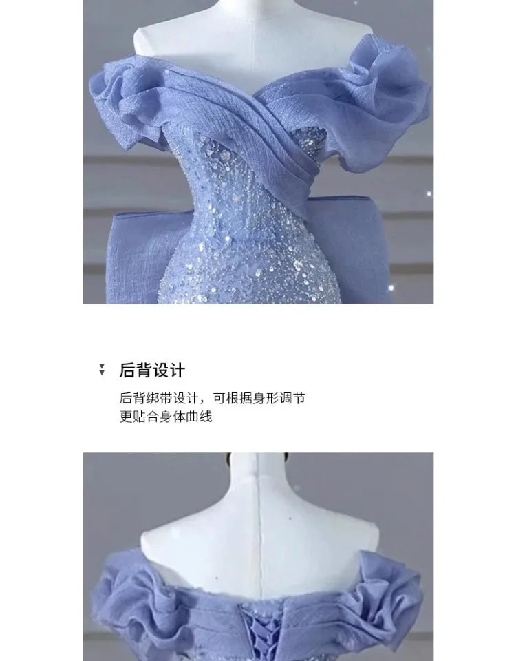 Woman's Dress High Dress Off-Shoulder Blue Evening Dress Light Luxury Niche Mermaid Sequin Host Elegant Party Dress