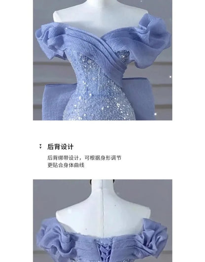 Woman's Dress High Dress Off-Shoulder Blue Evening Dress Light Luxury Niche Mermaid Sequin Host Elegant Party Dress