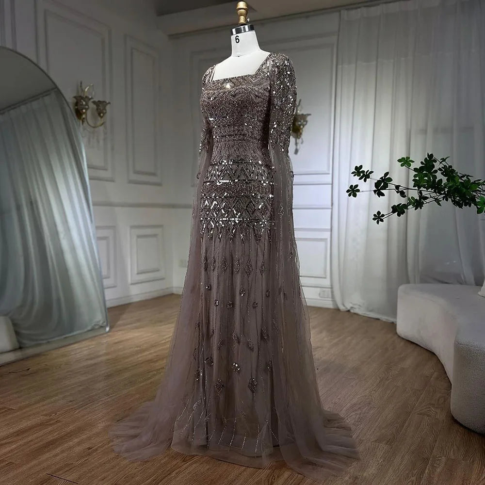 2025 Caramel With Beaded Cape Sleeves Design Mermaid Long Evening Dresses Gowns For Women's Wedding Party LA72355A Customized