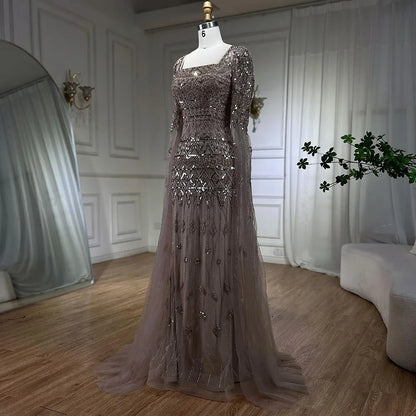2025 Caramel With Beaded Cape Sleeves Design Mermaid Long Evening Dresses Gowns For Women's Wedding Party LA72355A Customized