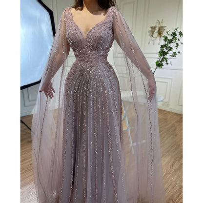 Nude Arabic Luxury Cape Sleeves Evening Dresses Gowns A-Line Beaded 2025 For Party LA71567 Customized
