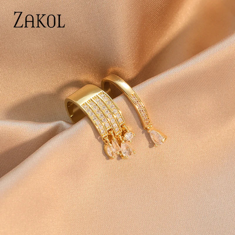 ZAKOL Brand Korea Multilayer Zircon Engagement Open Rings for Women Fashion Water Drop Party Jewelry