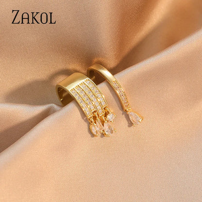 ZAKOL Brand Korea Multilayer Zircon Engagement Open Rings for Women Fashion Water Drop Party Jewelry