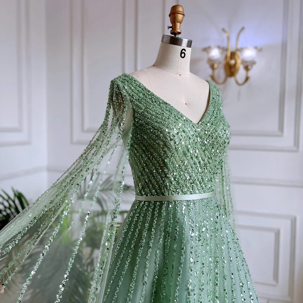 Serene Hill Mint Cape Sleeves A Line Beaded  Dubai Evening Dresses Long 2025 Celebrity Gowns For  Party LA71865 Customized