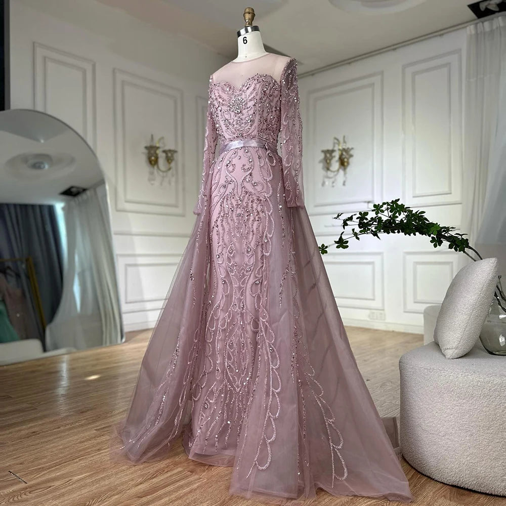 Serene Hill 2025 Customized Pink Beaded Saudi Arabic Mermaid Evening Dresses With Sheer Long Sleeves For Formal Occasion LA72875