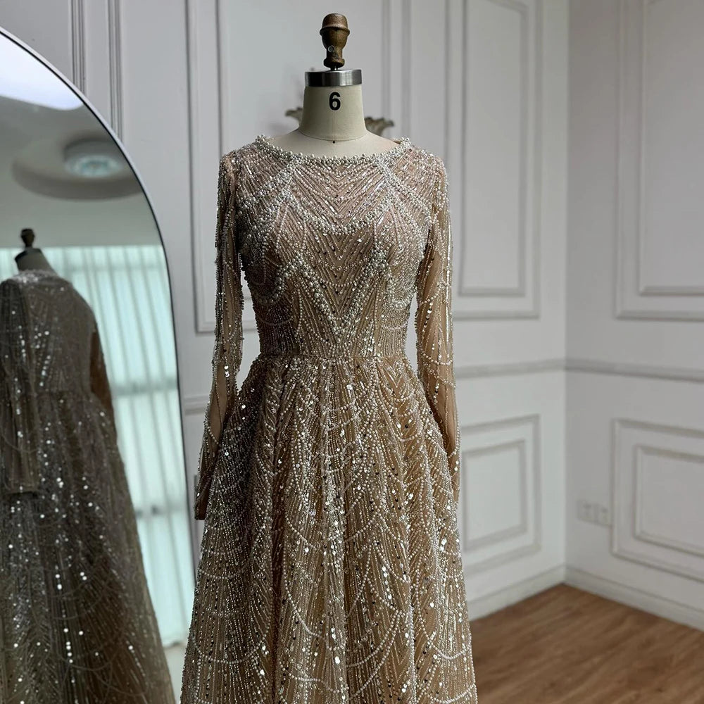 Luxury Olive Green Long Sleeve Beaded A Line Evening Gown for Wedding Party Prom Serene Hill 2025 Customized LA72738B Plus Size