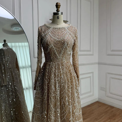Luxury Olive Green Long Sleeve Beaded A Line Evening Gown for Wedding Party Prom Serene Hill 2025 Customized LA72738B Plus Size