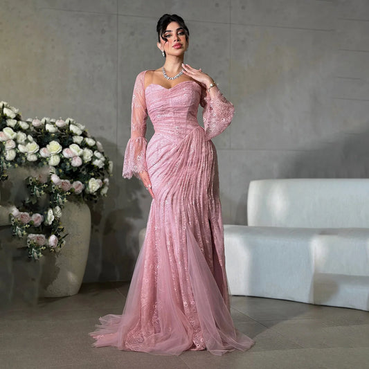 Sharon Said Pink Strapless Lace Evening Dress with Jacket Full Sleeves for Women Wedding Party Formal Gown SF304 Customized