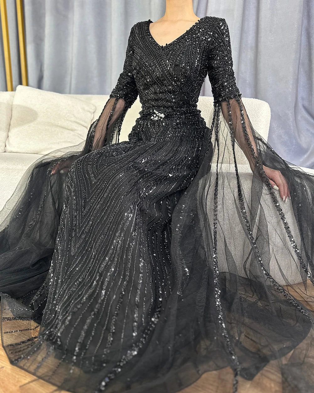 Serene Hill Customized 2025 Caramel A-Line Beaded Saudi Arabic Evening Dress with Cape Sleeves for Wedding Party LA72798