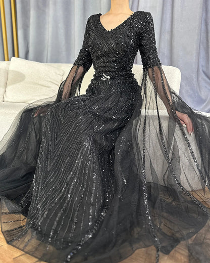 Serene Hill Customized 2025 Caramel A-Line Beaded Saudi Arabic Evening Dress with Cape Sleeves for Wedding Party LA72798