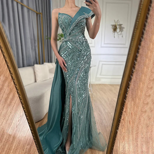 2025 Arabic Turquoise Beaded Evening Dresses  Dubai Elegant One Shoulder  Wedding Party Gowns LA72335  Customized