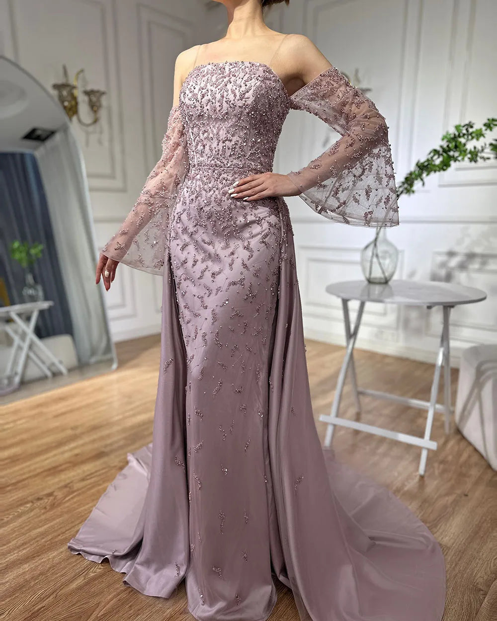Serene Hill Customized 2025 Arabic Strapless Gray Blue Beaded Pearls Dubai Evening Dresses For Formal Occasion LA72705