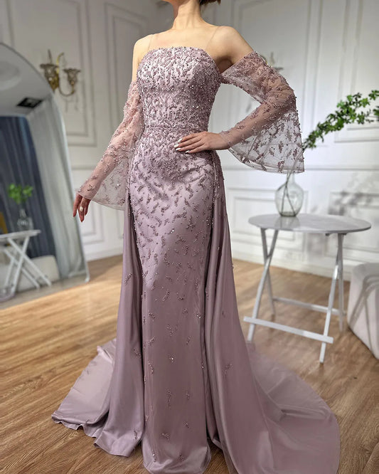 Serene Hill Customized 2025 Arabic Strapless Gray Blue Beaded Pearls Dubai Evening Dresses For Formal Occasion LA72705