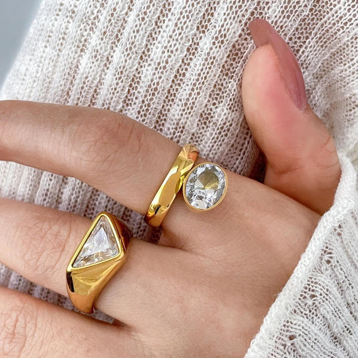 Vintage 18K Gold Plated Stainless Steel Zircon Triangular Square Oval Ring for Women Fashion Party Gift