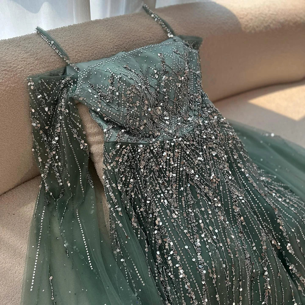 Turquoise Saudi A Line Luxury Evening Dress with Long Sleeves Cape for Formal Occasion Serene Hill 2025 LA72957 Customized