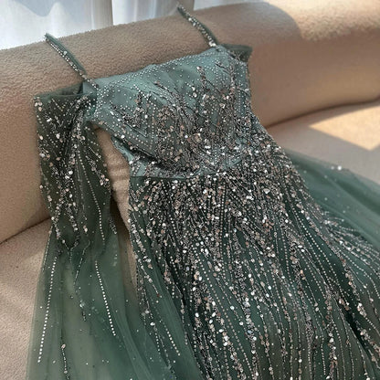 Turquoise Saudi A Line Luxury Evening Dress with Long Sleeves Cape for Formal Occasion Serene Hill 2025 LA72957 Customized