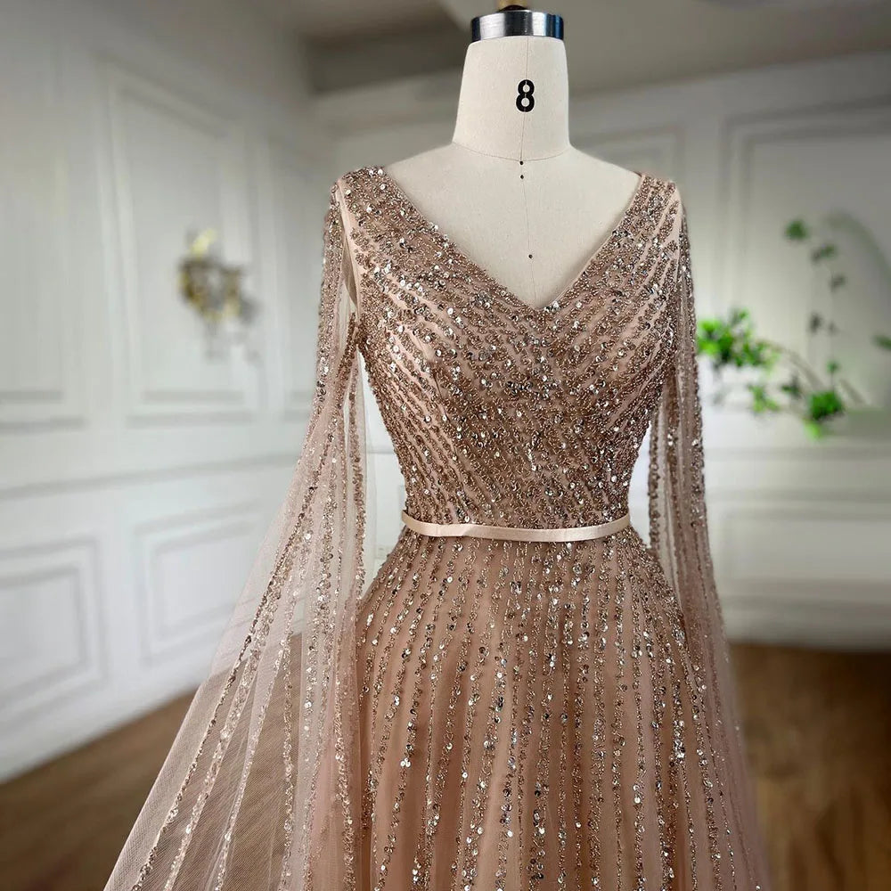Serene Hill Mint Cape Sleeves A Line Beaded  Dubai Evening Dresses Long 2025 Celebrity Gowns For  Party LA71865 Customized