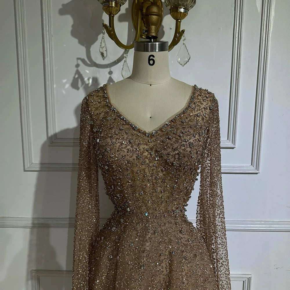 Serene Hill 2025 Customized Saudi Arabic Caramel Beaded Cape Sleeves A Line Evening Dresses For Formal Occasion LA72147A