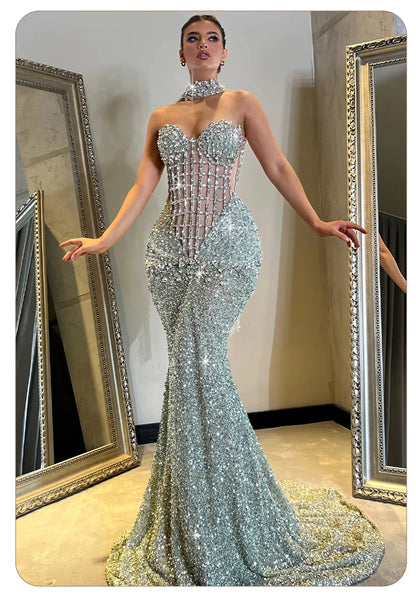 VC Glamorous Silver Sequin Sleeveless Strapless Mermaid Dress for Galas Party Wedding Evening Gown