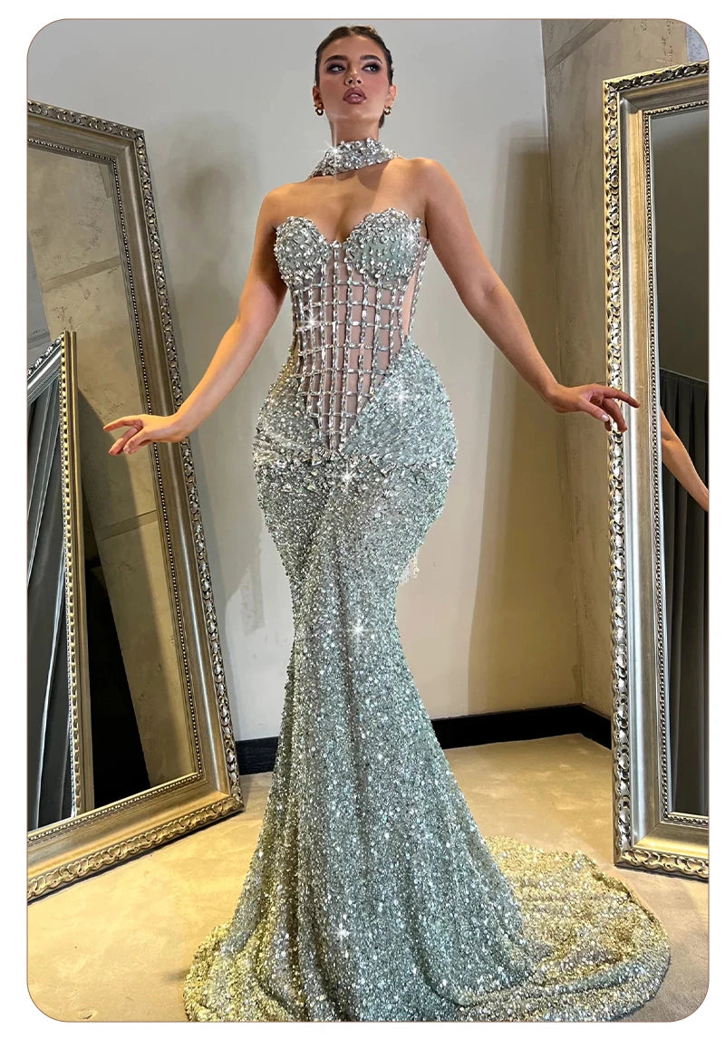 VC Glamorous Silver Sequin Sleeveless Strapless Mermaid Dress for Galas Party Wedding Evening Gown