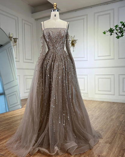 Turquoise Saudi A Line Luxury Evening Dress with Long Sleeves Cape for Formal Occasion Serene Hill 2025 LA72957 Customized