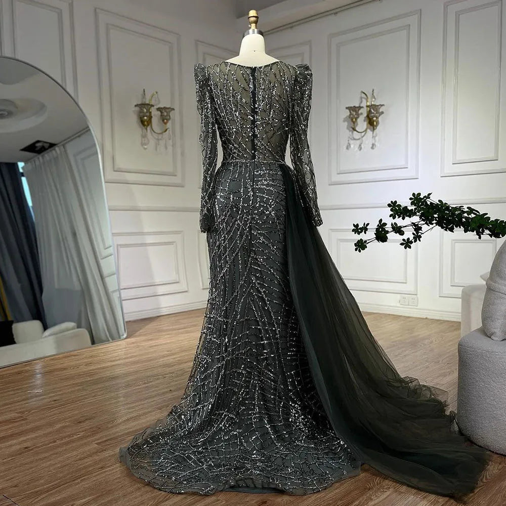 Serene Hill Muslim Gold Mermaid Beaded  Dubai Evening Dresses Gowns With Overskirt 2025 For  Party LA72206 Customized