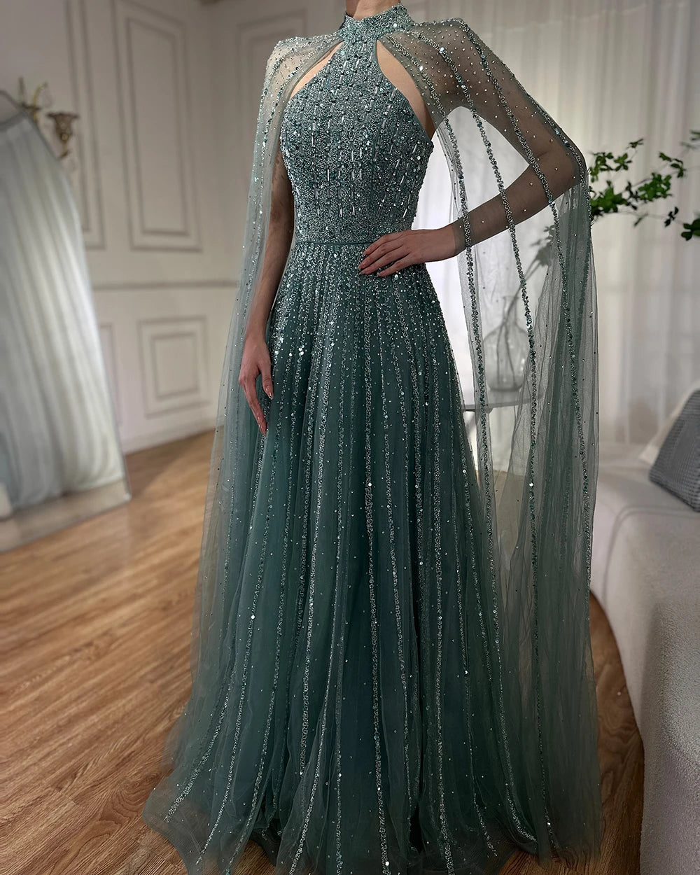 Serene Hill Arabic Turquoise A Line Cape Sleeve Beaded   Evening Dresses Gowns For Occasion 2025 LA72306A Customized