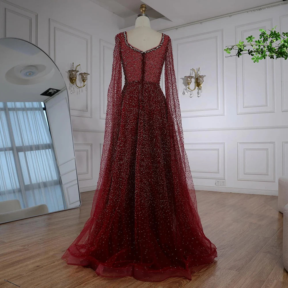 Serene Hill 2025 Customized Saudi Arabic Caramel Beaded Cape Sleeves A Line Evening Dresses For Formal Occasion LA72147A