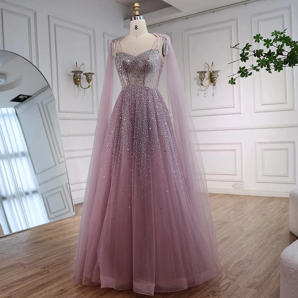 Luxury Pink Tulle Beaded A-Line Evening Dress with Cape Sleeves for Women Prom Serene Hill 2025 Customized Gown LA73072