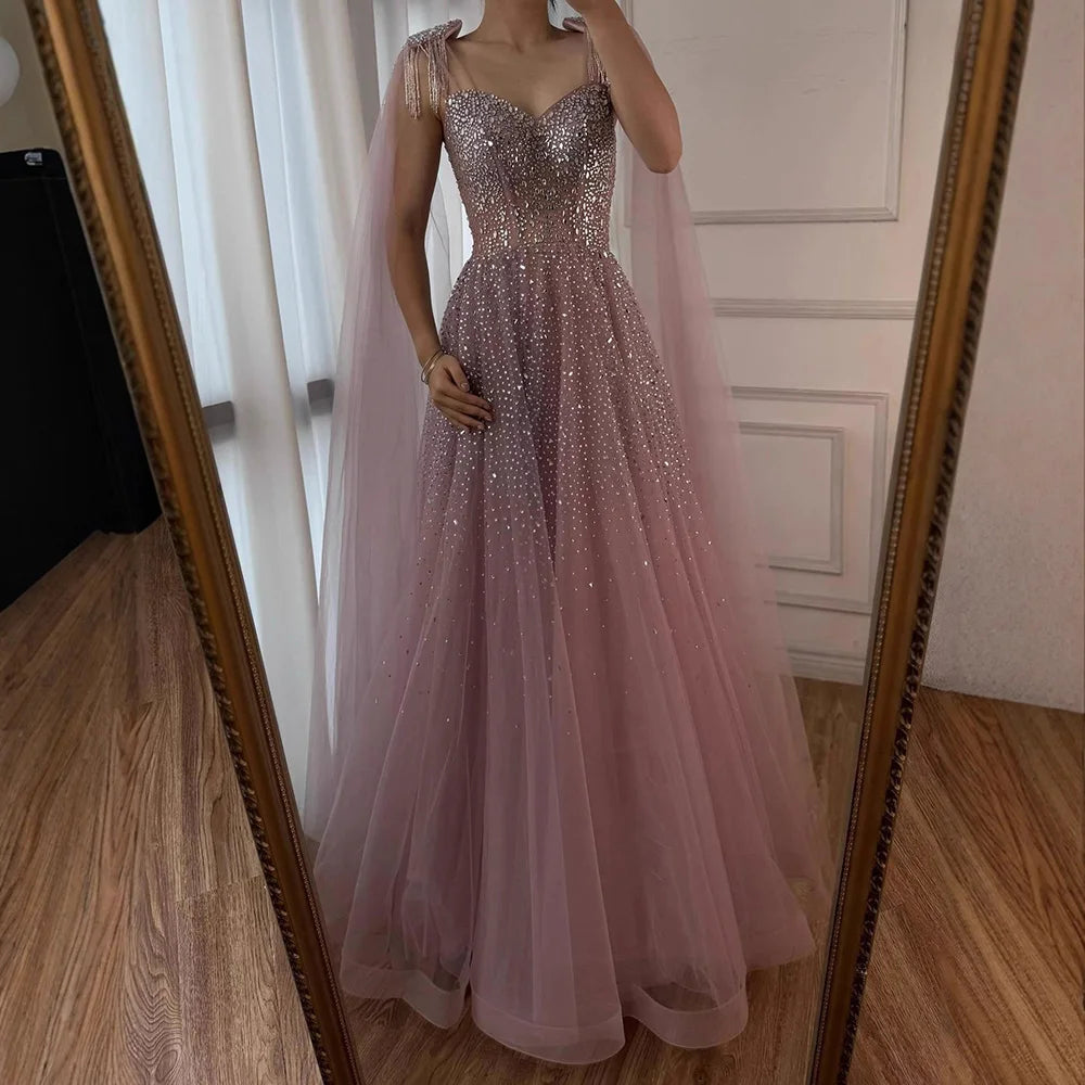 Luxury Pink Tulle Beaded A-Line Evening Dress with Cape Sleeves for Women Prom Serene Hill 2025 Customized Gown LA73072