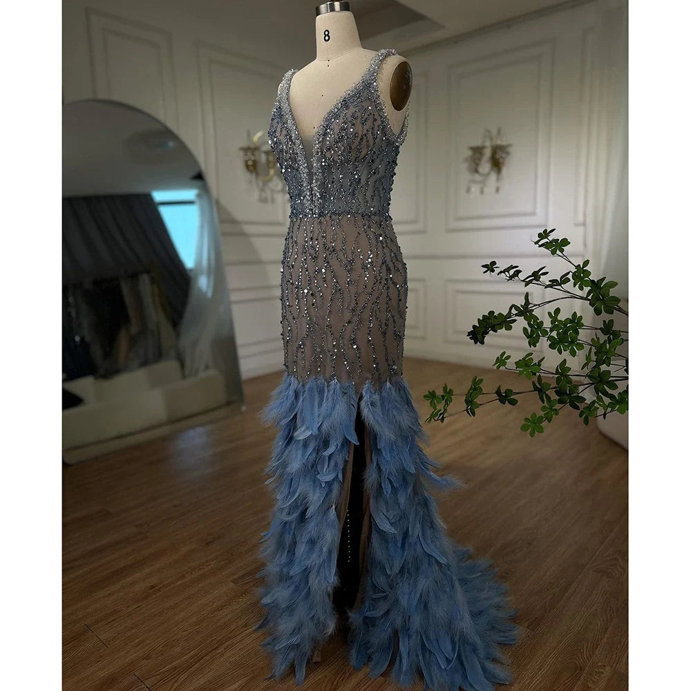 Serene Hill Pink Mermaid High Split Evening Dresses Feather Beaded Gowns Long 2025 For Women Wedding Party LA72152 Customized