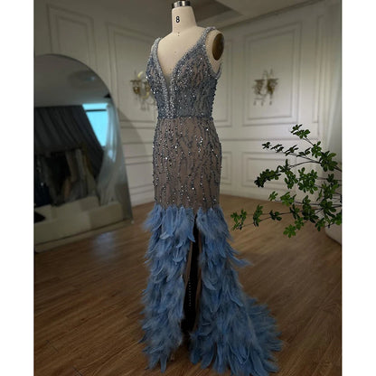 Serene Hill Pink Mermaid High Split Evening Dresses Feather Beaded Gowns Long 2025 For Women Wedding Party LA72152 Customized