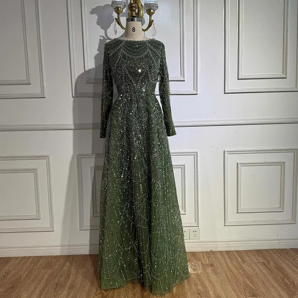 Luxury Olive Green Long Sleeve Beaded A Line Evening Gown for Wedding Party Prom Serene Hill 2025 Customized LA72738B Plus Size