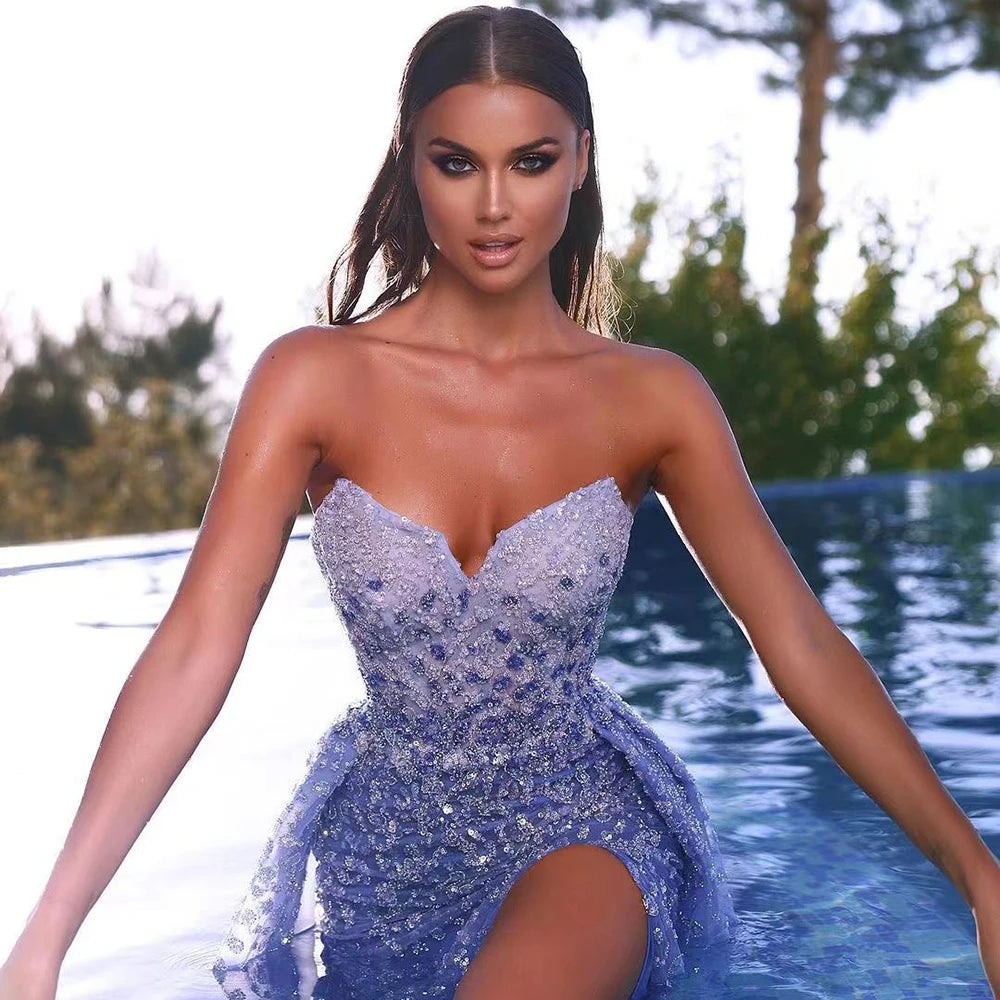 Serene Hill Blue Mermaid High Split With Skirt Sweetheart Strapless Beaded Party Dresses  Women Evening 2025 LA71796 Customized