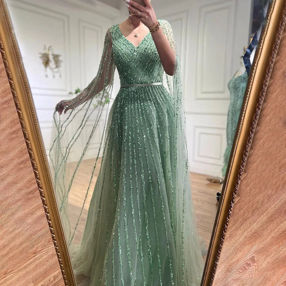 Serene Hill Mint Cape Sleeves A Line Beaded  Dubai Evening Dresses Long 2025 Celebrity Gowns For  Party LA71865 Customized