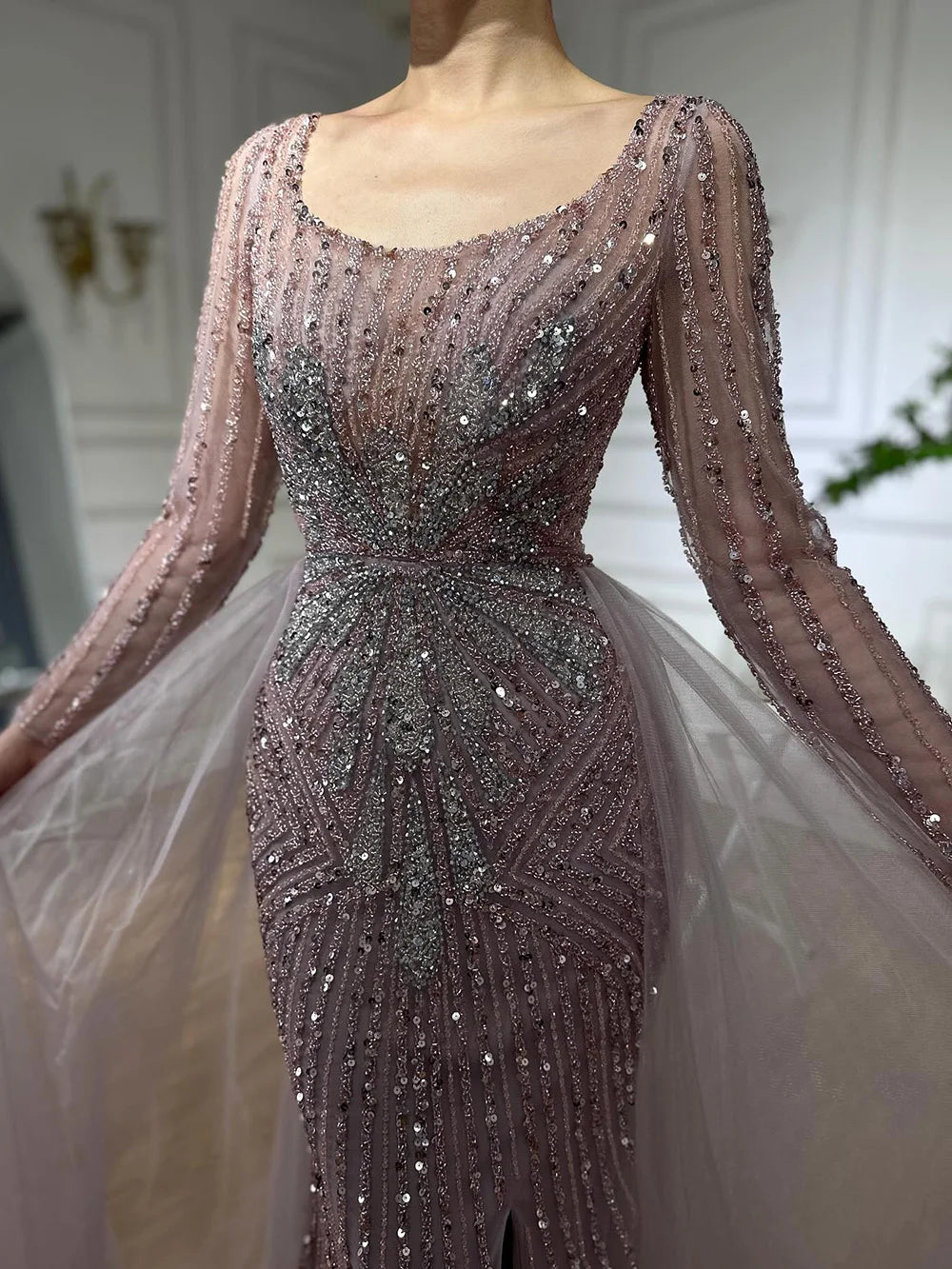 Serene Hill Pink  With Overskirt Split  Beaded Mermaid Evening Dresses Gowns  2025 LA72431 Customized