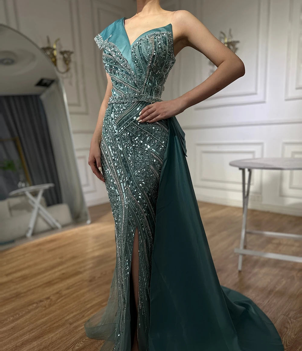 2025 Arabic Turquoise Beaded Evening Dresses  Dubai Elegant One Shoulder  Wedding Party Gowns LA72335  Customized