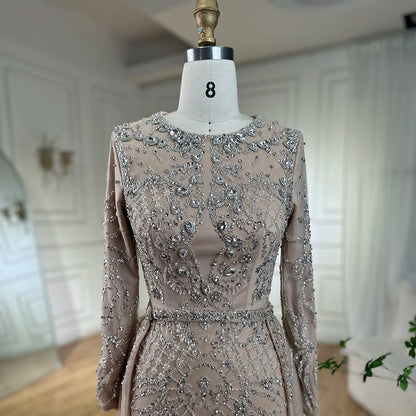 Serene Hill Muslim Silver Nude Mermaid Gown with Detachable Overskirt Beaded Evening Dress for Women Wedding Party 2025 LA71919