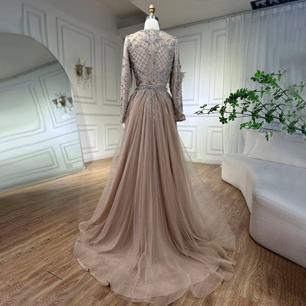Serene Hill Muslim Silver Nude Mermaid Gown with Detachable Overskirt Beaded Evening Dress for Women Wedding Party 2025 LA71919