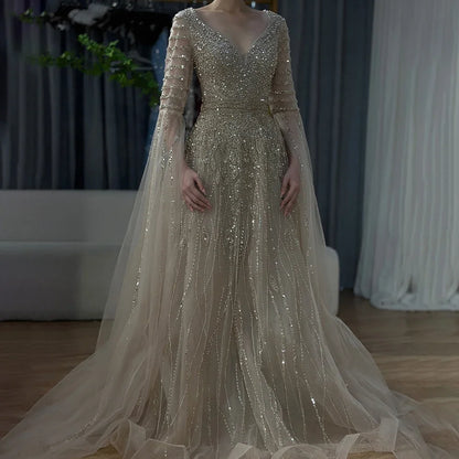 Customized 2025 Arabic Caramel Elegant A-Line Beaded Long Evening Dresses Gowns With Cape Sleeves For Formal Occasio LA72750