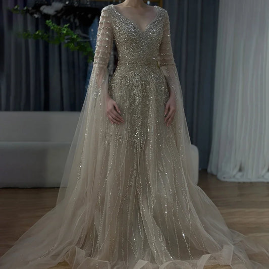 Customized 2025 Arabic Caramel Elegant A-Line Beaded Long Evening Dresses Gowns With Cape Sleeves For Formal Occasio LA72750