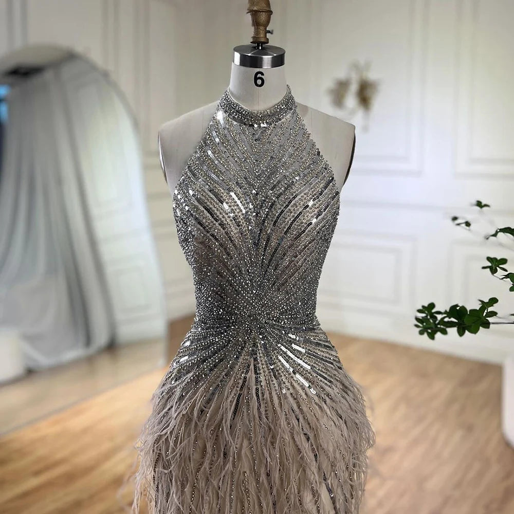 Serene Hill Dubai Halter Beige  Feathers Beaded Formal Luxury Mermaid Evening Dresses For Women Wedding Party 2025 LA70623A