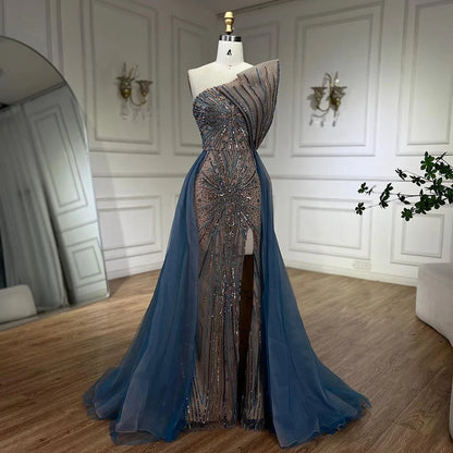 Serene Hill Blue High Split With Overskirt Mermaid  Beaded Dubai Evening Dresses For Party 2025 LA71921A Customized