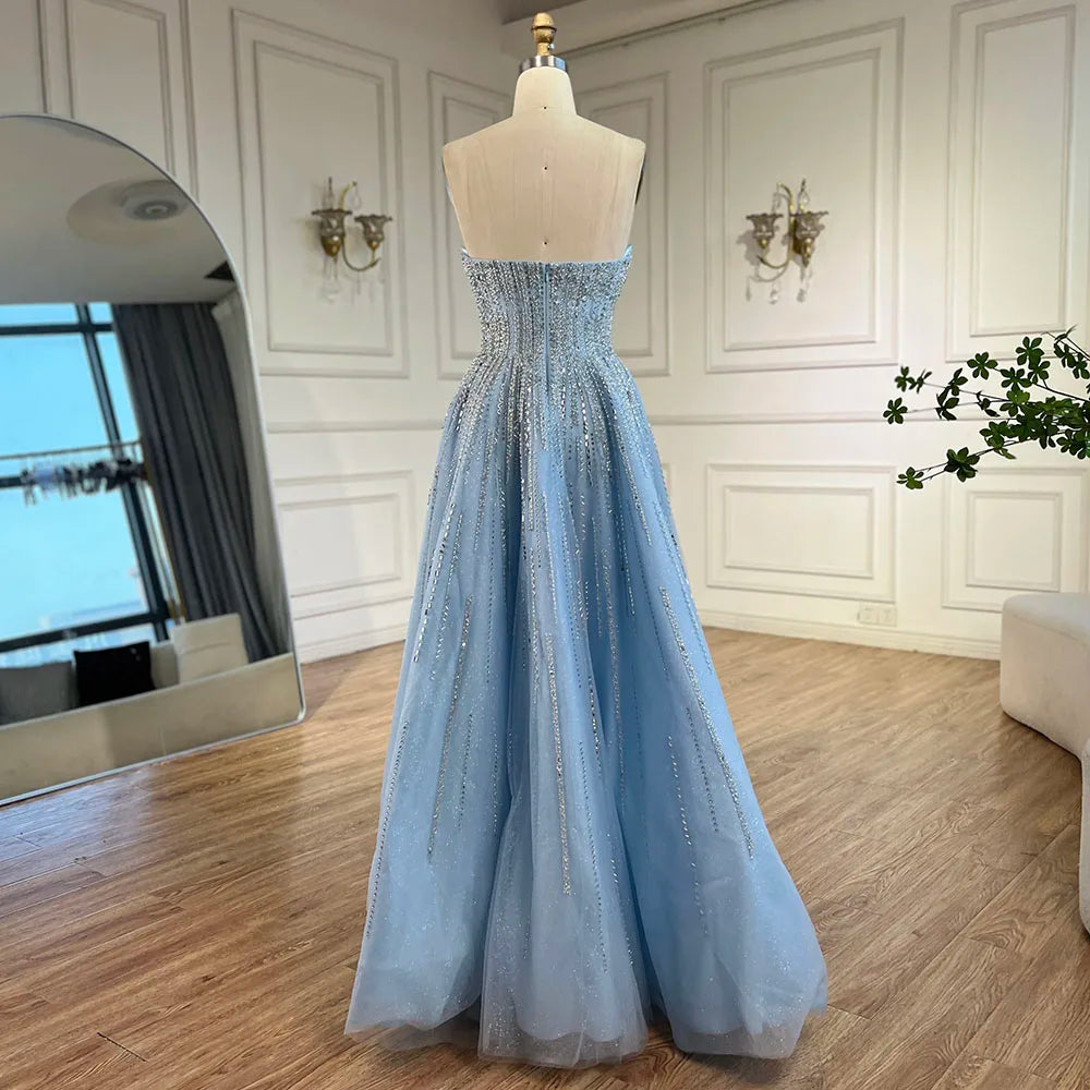 Serene Hill 2025 Arabic Blue Cape  A-Line Beaded Evening Dresses Long Celebrity Gowns  LA72427 Customized
