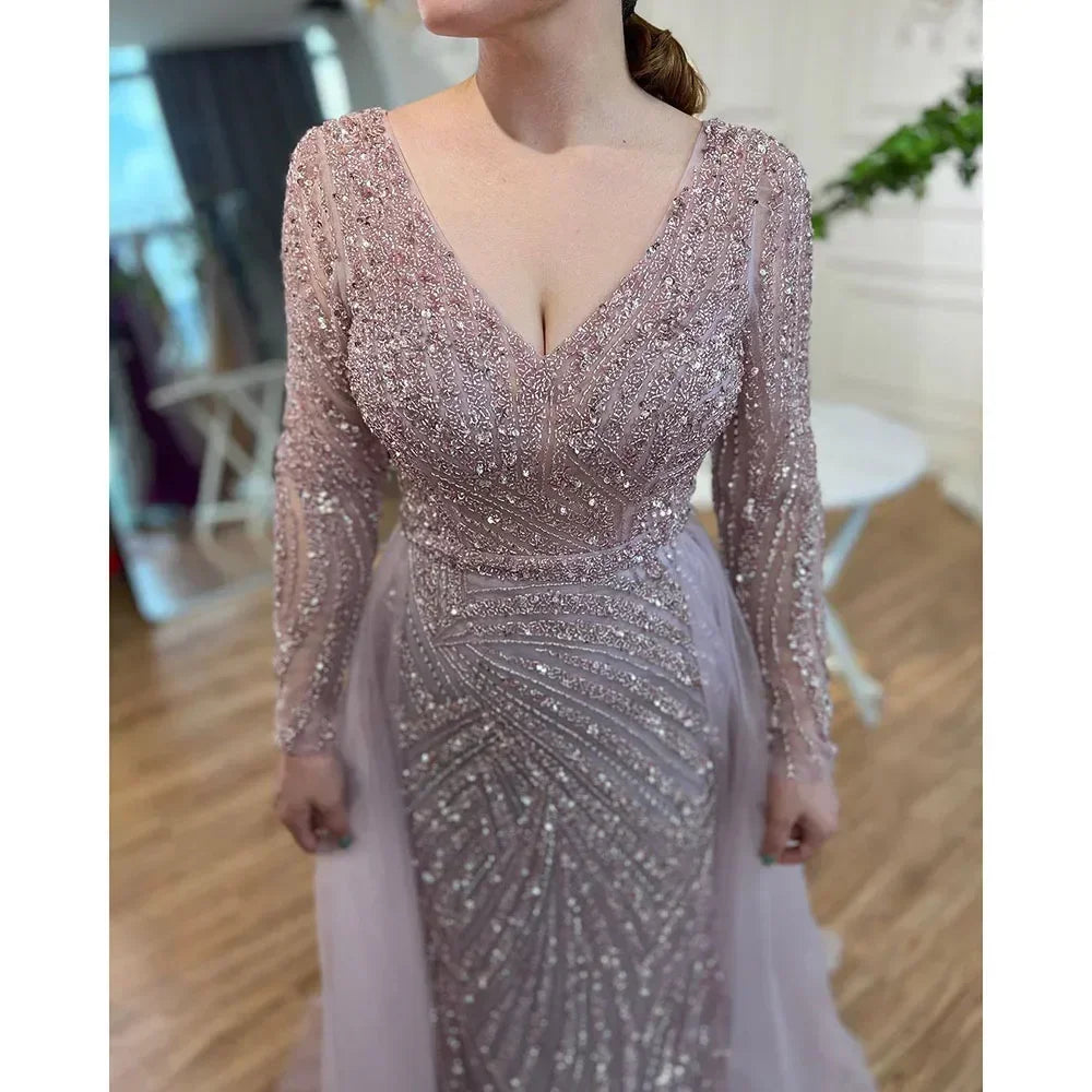 Serene Hill  Mermaid Beaded  Blue Muslim  Evening Dresses Gowns  with Detachable Skirt 2025  LA71750 Customized