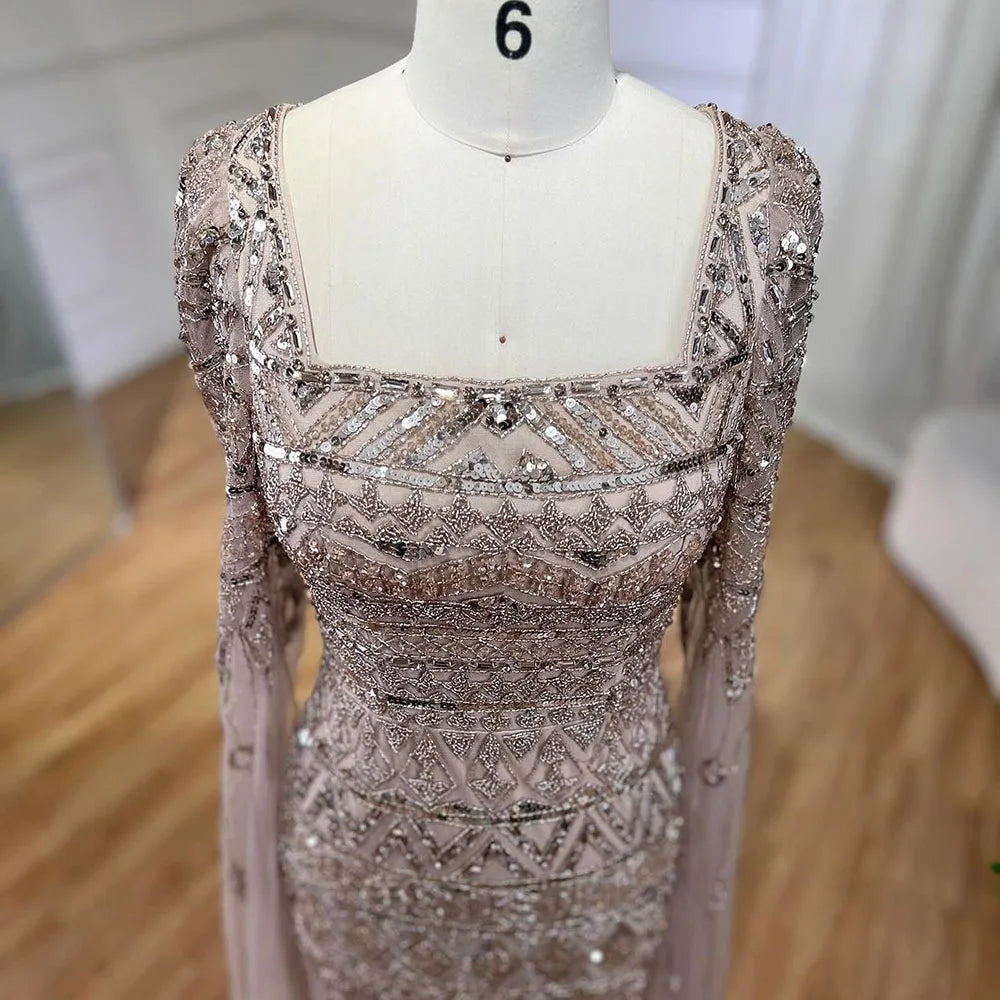 2025 Caramel With Beaded Cape Sleeves Design Mermaid Long Evening Dresses Gowns For Women's Wedding Party LA72355A Customized