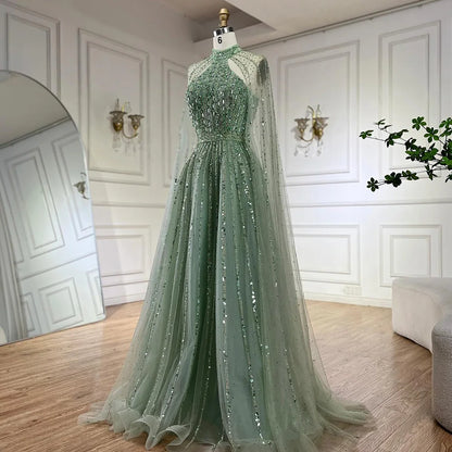 Serene Hill Arabic Turquoise A Line Cape Sleeve Beaded   Evening Dresses Gowns For Occasion 2025 LA72306A Customized