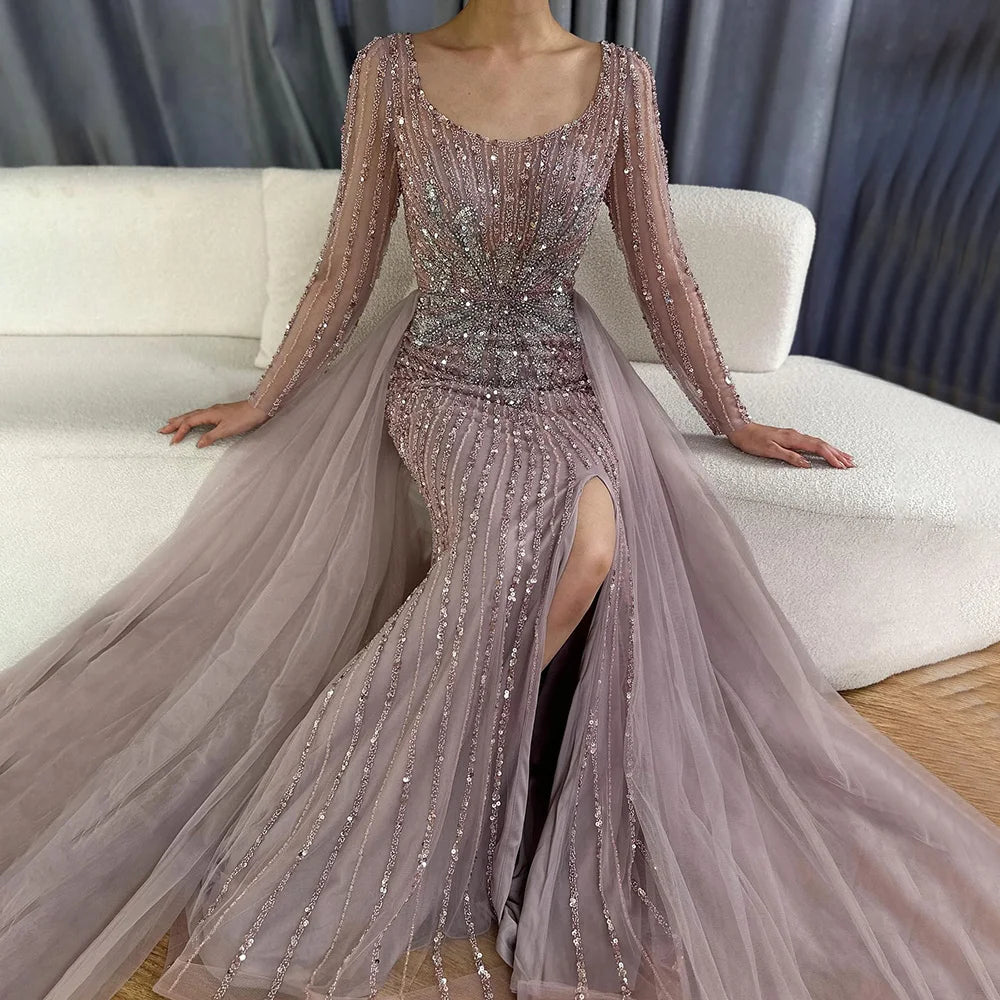 Serene Hill Pink  With Overskirt Split  Beaded Mermaid Evening Dresses Gowns  2025 LA72431 Customized