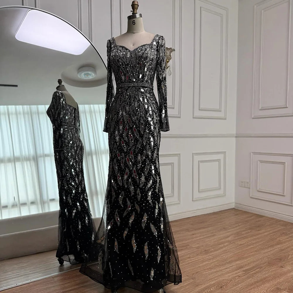 Luxury Black Silver Long Sleeve Evening Dress with Sequins Elegant Mermaid Gown for Women 2025 Serene Hill Customized LA73113